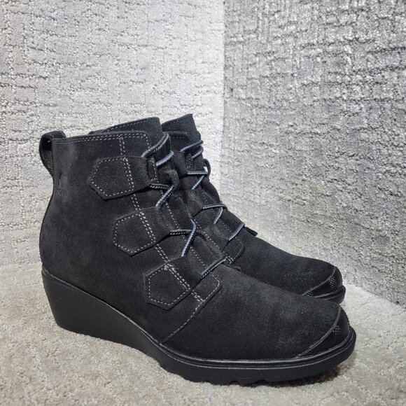 Sorel Toronto Women's US Size 9 Black Suede Lace Up Ankle Wedge Boots NL2115-010 - Picture 1 of 12